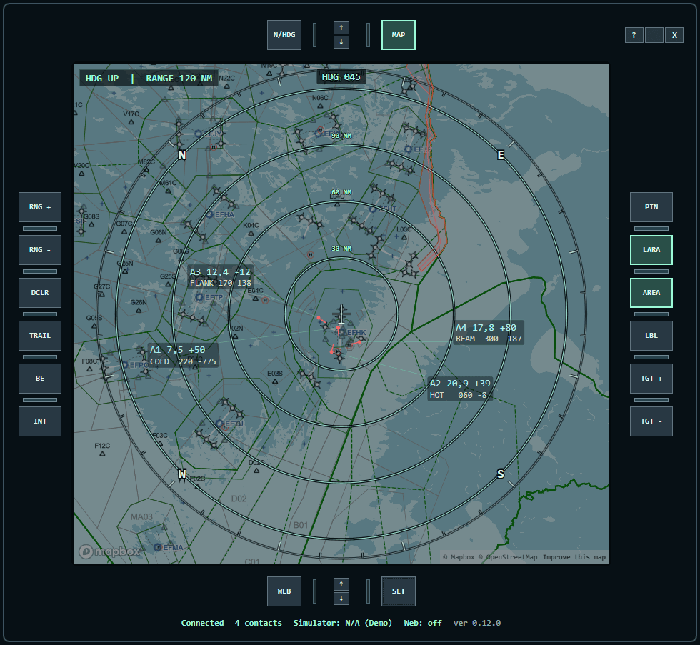 VTSD tactical display showing simulator traffic, map controls and kneepad